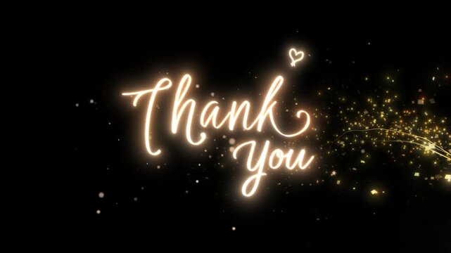 Glowing golden thank you text animation with sparkling particles and stars on black magical background