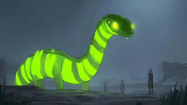 Nighttime beach scene with glowing neon green wave and silhouetted people