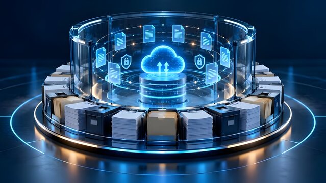 Futuristic cloud computing database with digital file folders and cybersecurity shields for secure server data storage management