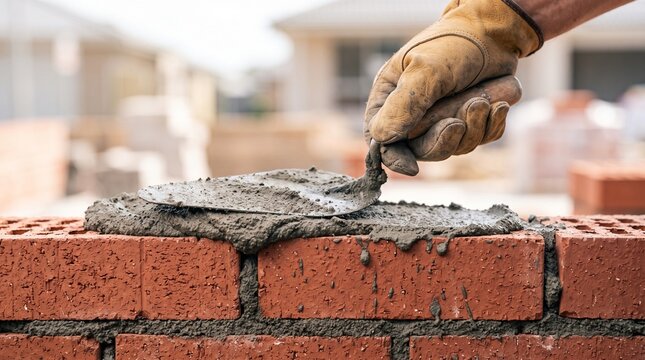 Professional mason spreading wet mortar on red clay bricks with trowel depicting house construction, wall building, and skilled bricklayer labor.