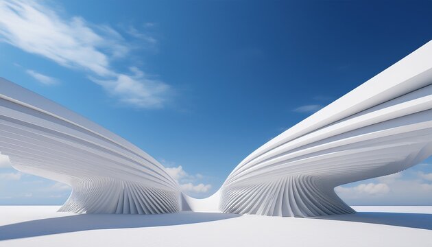 abstract geometric white architectural structure with sharp angles and soft shadows creating a modern minimalist 3d background under a bright sky
