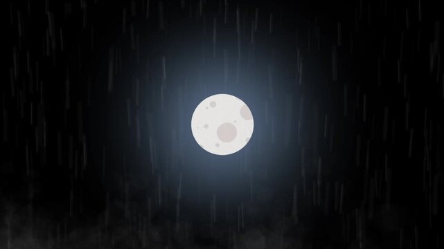 Full moon shining in the night sky during a heavy rainstorm with floating water droplets