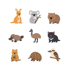 Obraz premium Cute Australian Wildlife Animals Flat Vector Illustration Set