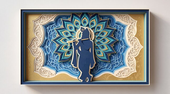 Lord krishna paper craft silhouette playing flute with mandala