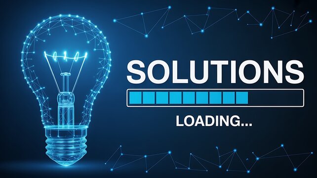 Futuristic solutions loading concept with glowing light bulb and digital technology background