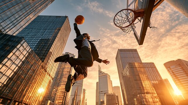 Low angle view of businessman dunking a basketball in a city at sunset