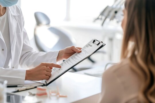 Close-up of doctor pointing at clipboard during medical consultation with patient