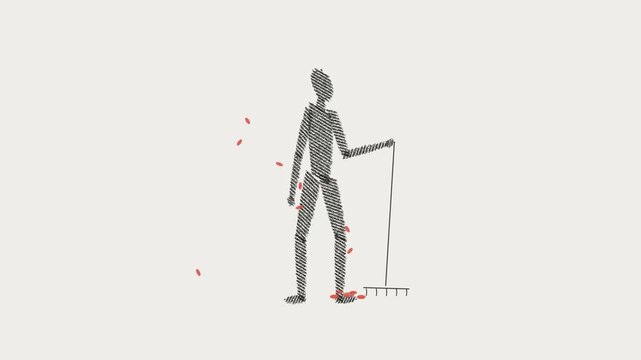 Raking Stick figure gathering fallen foliage with rake