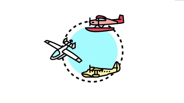 Seaplane aircraft traveling over water, depicting various models of amphibious planes and floatplanes, an icon or for air and water transportation