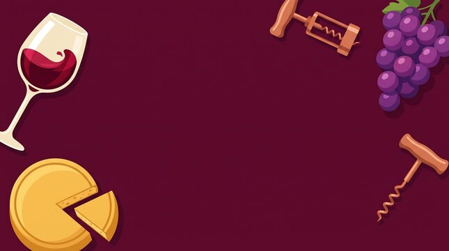 Wine and cheese vector illustration set, corkscrew and grapes, gourmet food background, flat design style icon, dining concept, culinary items, beverage and snack collection, restaurant decor