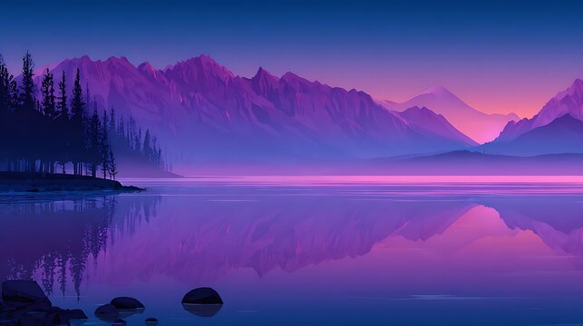 Purple and orange twilight sky over snowy mountain peaks with lake reflection
