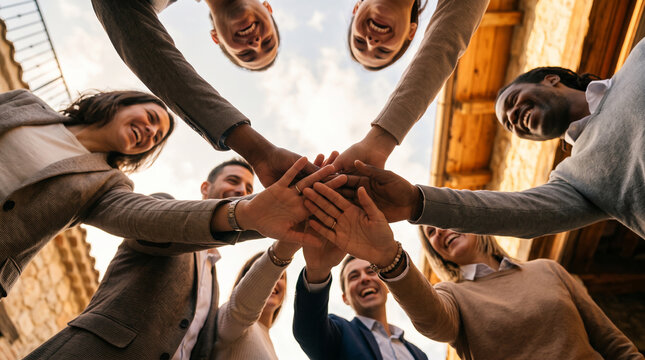 Smiling diverse group stacking hands, showcasing unity and collaboration, ideal for business or team building concepts