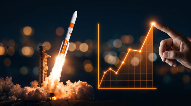 A rocket launch and a rising graph indicate growth and progress, symbolizing success and ambitious goals