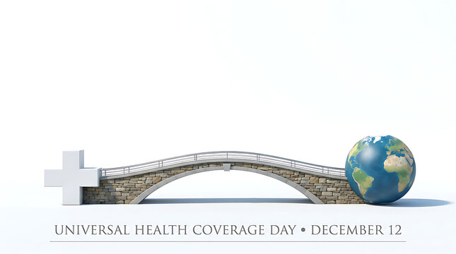 Stone bridge connects a medical cross and globe on white background