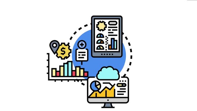 Live dashboard tracking business data using various devices, representing concepts of monitoring, analysis, and cloud computing for financial performance and strategic decision making