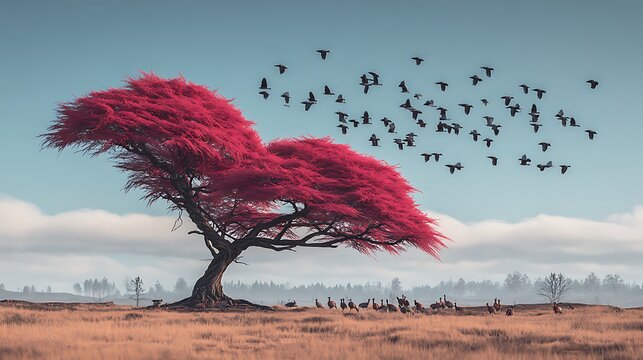 Red flowering tree with flock of birds flying in blue sky background flowers blossoms