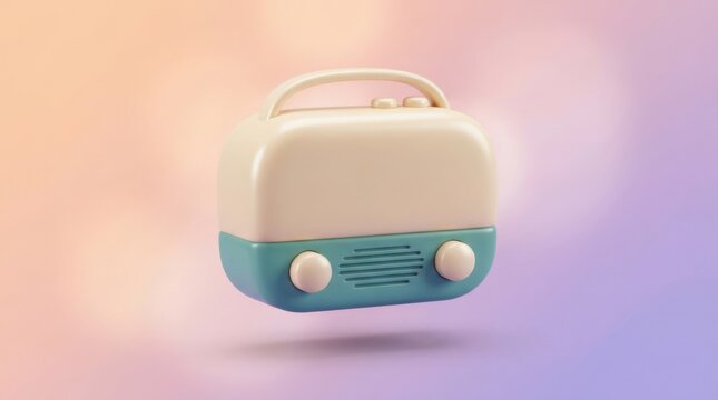 Retro radio receiver 3d icon in cream and turquoise colors with dual speakers and volume knobs