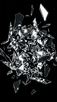 Shattered glass shards floating and exploding against a black background