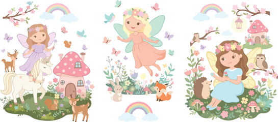 Obraz premium Cute watercolor illustration set featuring little fairies with wings forest animals mushrooms and rainbows on a clean white background