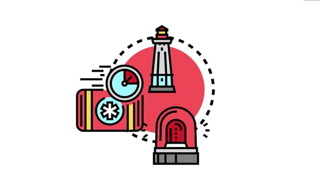 Emergency notification system delivering critical alerts and urgent information, with a lighthouse guiding, a medical kit for quick response, and a siren signaling immediate attention