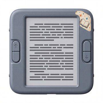Perfect straight on front view of a retro futuristic e reader tablet isolated on white background