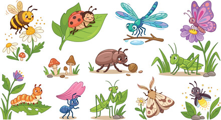 Obraz premium Cute Cartoon Garden Insects and Bugs Character Set with Bee Butterfly Ladybug and Ant for Children Illustration Designs