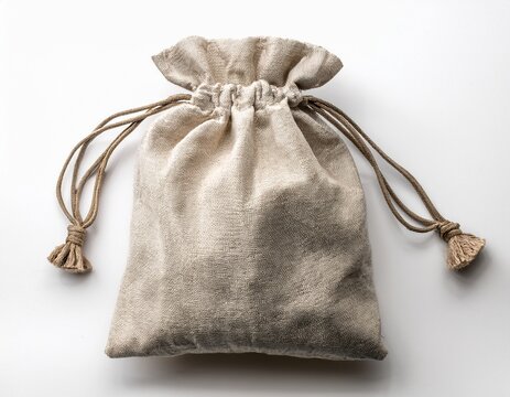 natural linen drawstring bag with cinched and cord closure isolated on a clean white background