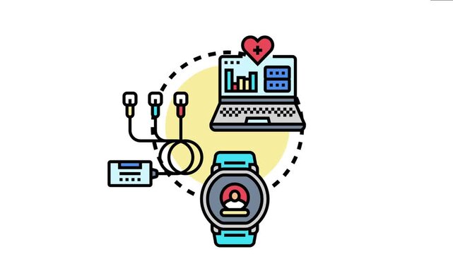Health tracking concept showing a wearable device and an electrocardiogram recording machine connecting to a laptop for monitoring heart activity and analyzing vital statistics