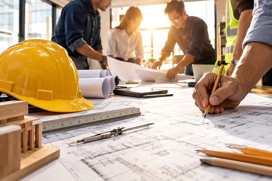 Architects and Engineers Planning Construction Project with Blueprints