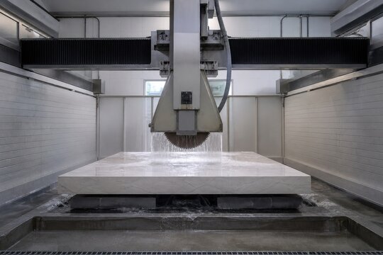 Silica Dust Safety Water curtain enclosing bridge saw during stone cutting
