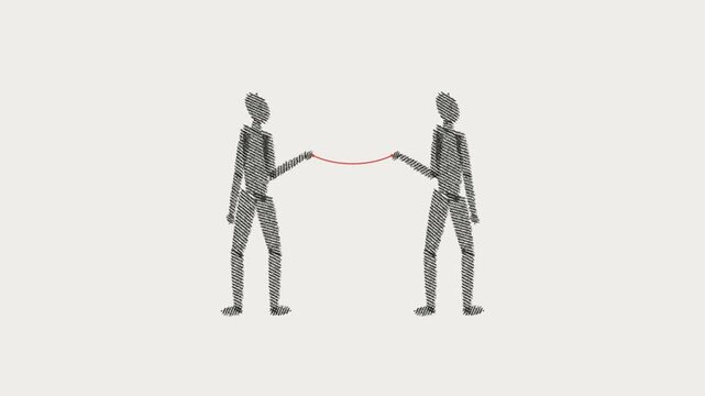 Two stick figures linked by red thread