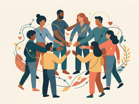 Group of diverse people standing in a circle and joining hands to form a unified team community concept with community spirit unity support group connection social cooperation