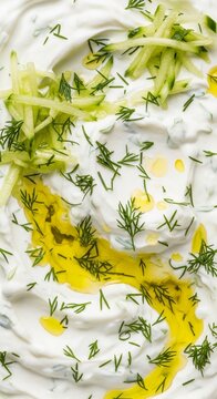 White tzatziki sauce with sliced cucumber, green dill, golden olive oil drips. Macro shot of greek dip for fresh vegetable or pita bread.