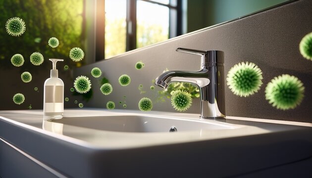 stylized floating bacteria around a running faucet in a bathroom sink with natural light and a matte bottle on the counter
