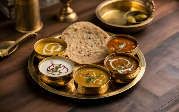 Traditional Rajasthani Thali Featuring Dal Baati Churma, Gatte Ki Sabzi, Ker Sangri, Bajra Roti, Papad and Pickles Served on Royal Brass Plate, Authentic Desert Cuisine
