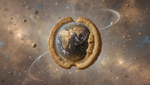 A walnut cut in half, with planet Terra instead of a kernel, on a cosmic background. 
