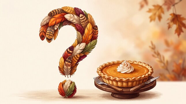 Thanksgiving funny feather question mark with delicious pumpkin pie