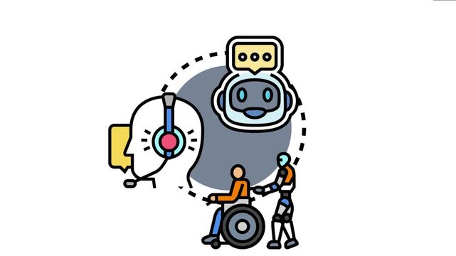 Live support agent representing customer service concepts including human assistance, chatbot interaction, and robotic aid for people with disabilities, highlighting modern support solutions