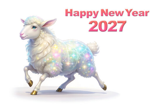 2027年未年、キラキラ輝くかわいい羊の年賀状イラスト素材