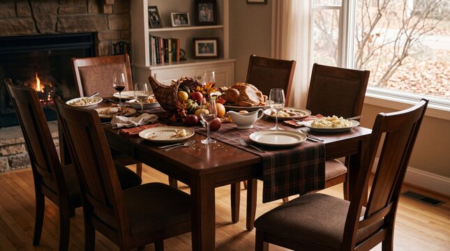 Thanksgiving funny dinner table with roasted turkey and cornucopia