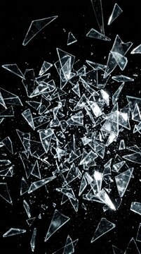 Shattered glass shards exploding and floating against a dark background
