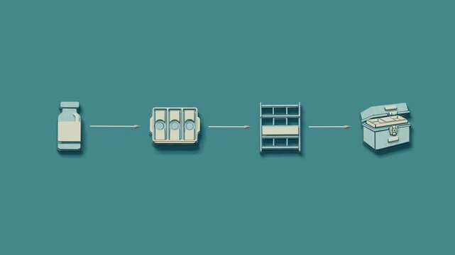 Sample intake follows a defined sequence: receive the vial, seat it in a rack, then seal it in a cold box before the run begins. Flat 3D style with smooth matte surfaces.