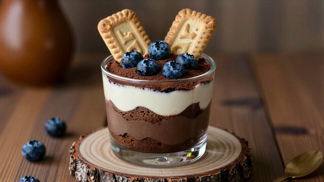 Chocolate mousse dessert topped with blueberries and biscuits on wooden surface.