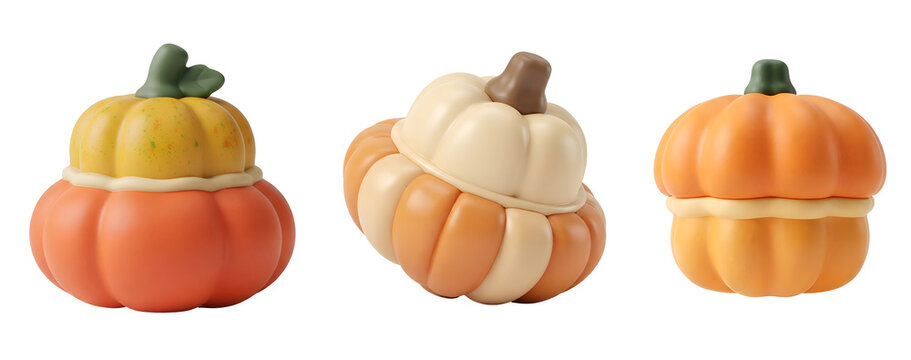 Three adorable 3d rendered pumpkins featuring smooth plastic textures and vibrant autumnal colors arranged in a cute collection suitable for fall decorations on transparent background.