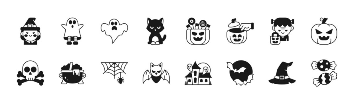 Scary Halloween icon set collection. Witch costume, ghost, pumpkin, skull, cauldron, haunted house, bat, candy, October