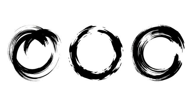 Premium set of three black ink brush circles isolated on transparent background