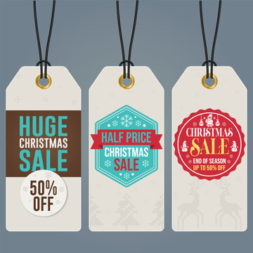 Christmas sale gift tag templates with holiday discount badges, snowflake decorations, and vintage promotional labels for seasonal retail marketing