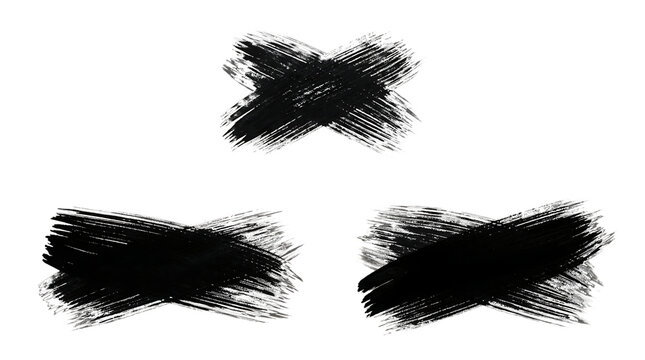 Premium set of black painted brush strokes in cross shape isolated on transparent background