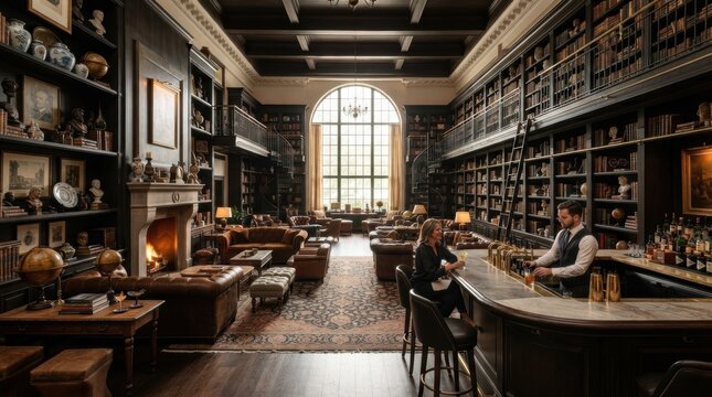 An Evening of Sophistication: A luxurious library lounge exudes warmth and intellectual charm, with plush seating, towering bookshelves.