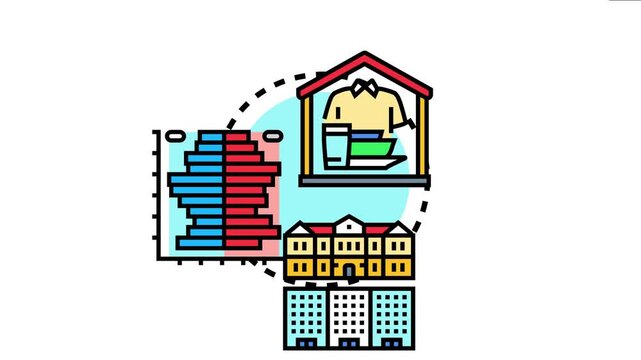 Living standards concept linking population statistics, basic human needs like food and clothing, and various types of residential housing within a unified infographic